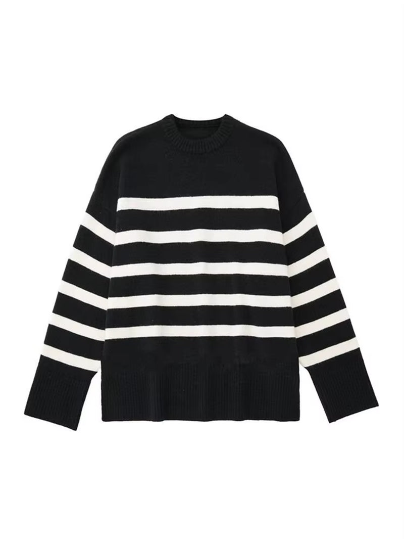 Ladies Autumn Winter Striped Knitted Loose Sweater Women Pullover Tops Long Sleeve O Neck Casual Streetwear Women Sweater Female