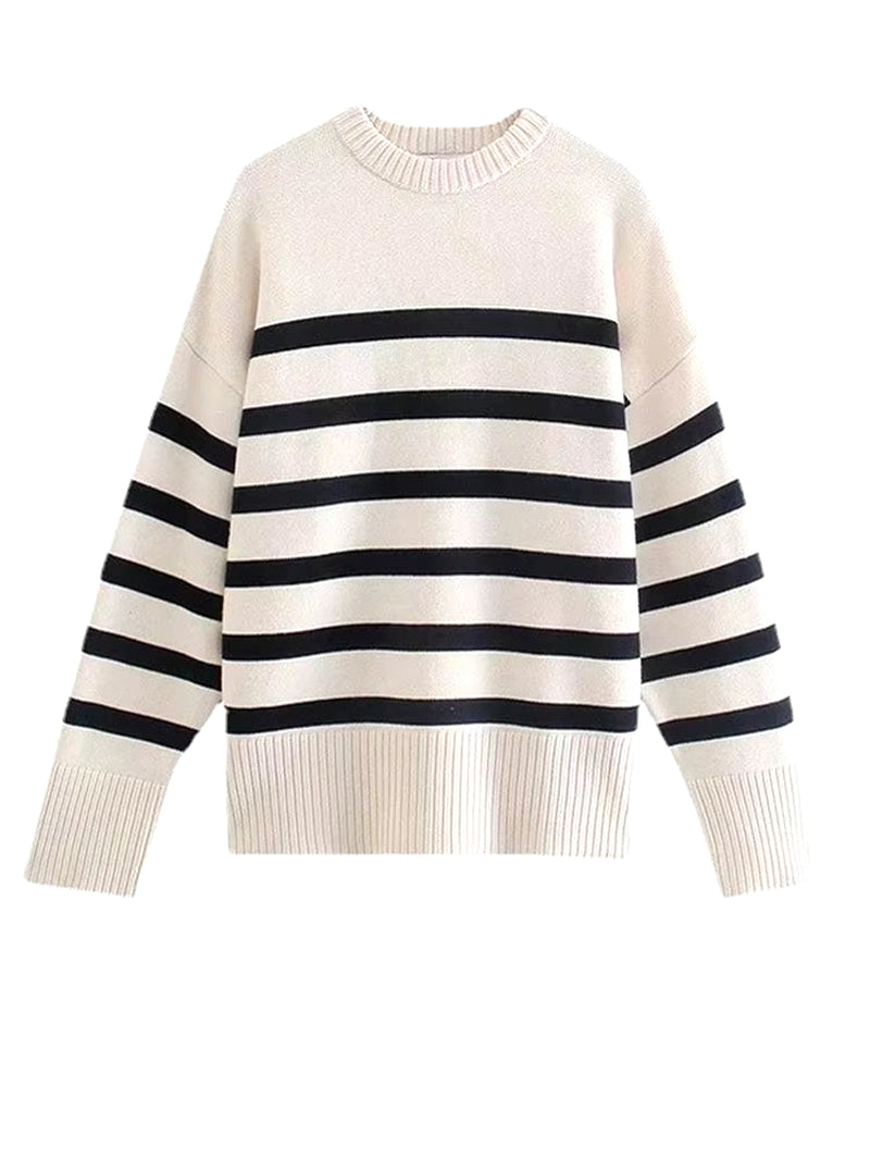 Ladies Autumn Winter Striped Knitted Loose Sweater Women Pullover Tops Long Sleeve O Neck Casual Streetwear Women Sweater Female